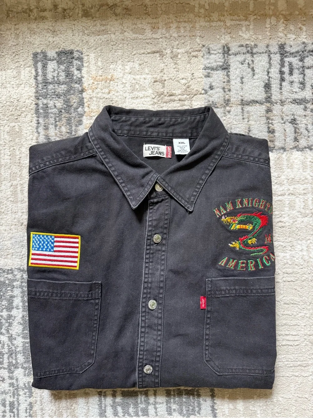 Levi's Black Long-Sleeve Button-Down Work Shirt with Embroidered Patches
